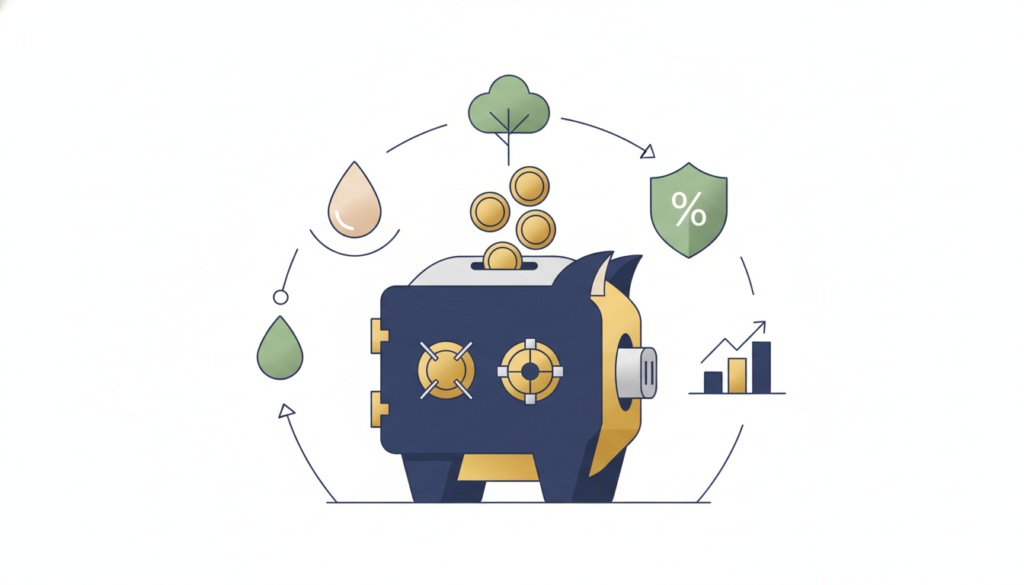 איור של קופת גמל להשקעה עם גרף עולה ואייקונים של נזילות, מס וצמיחה