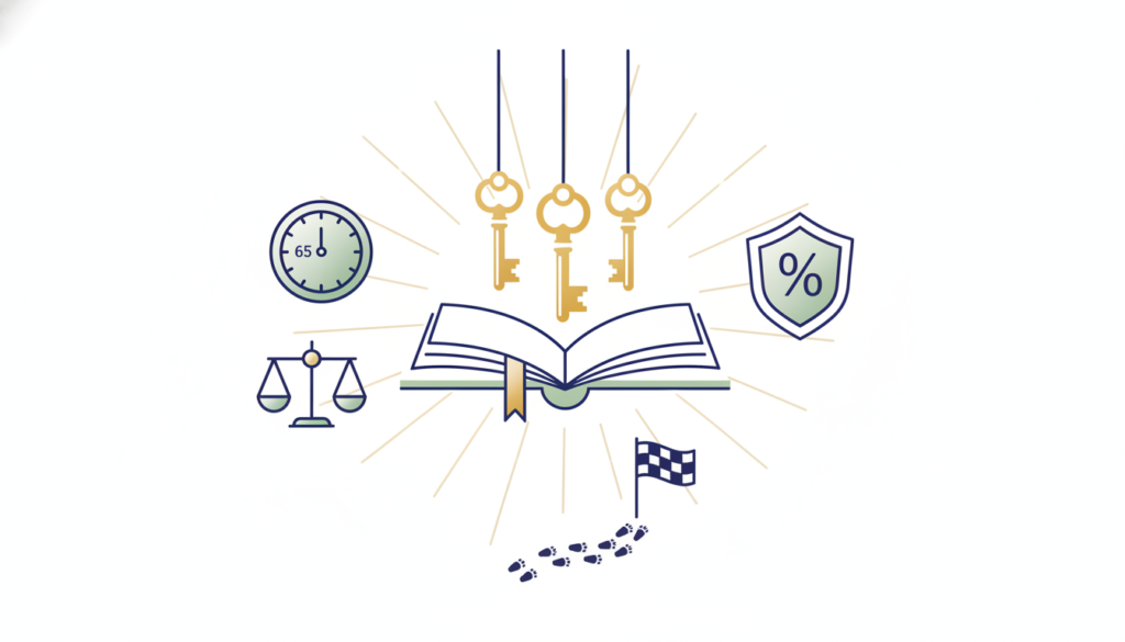 איור של אדם בגיל פרישה חותם על מסמך קיבוע זכויות עם פרצי אור של זכויות פנסיה